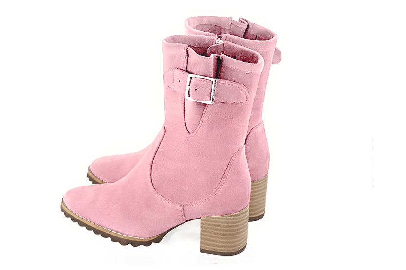 Carnation pink women's ankle boots with buckles on the sides. Round toe. Medium block heels. Rear view - Florence KOOIJMAN